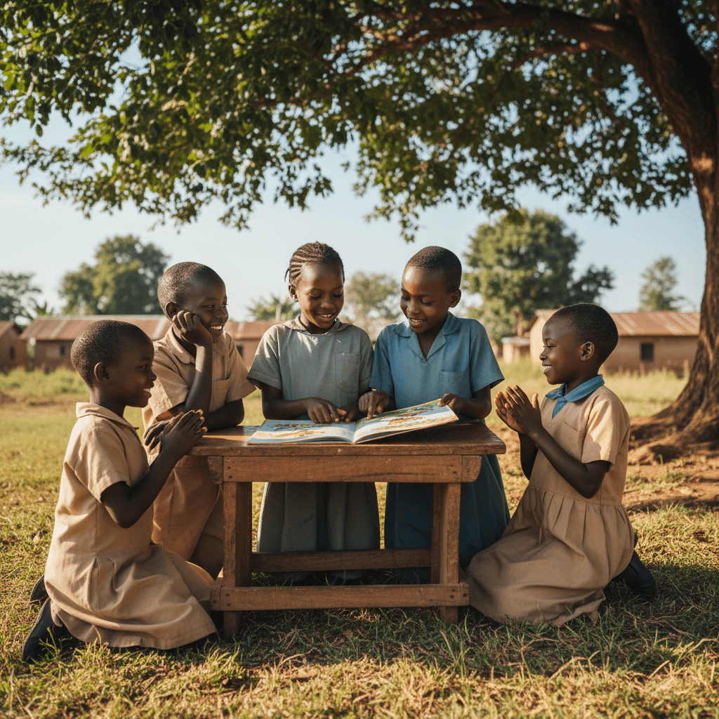 Students gathered around a table under a tree, reading together during a morning club activity
