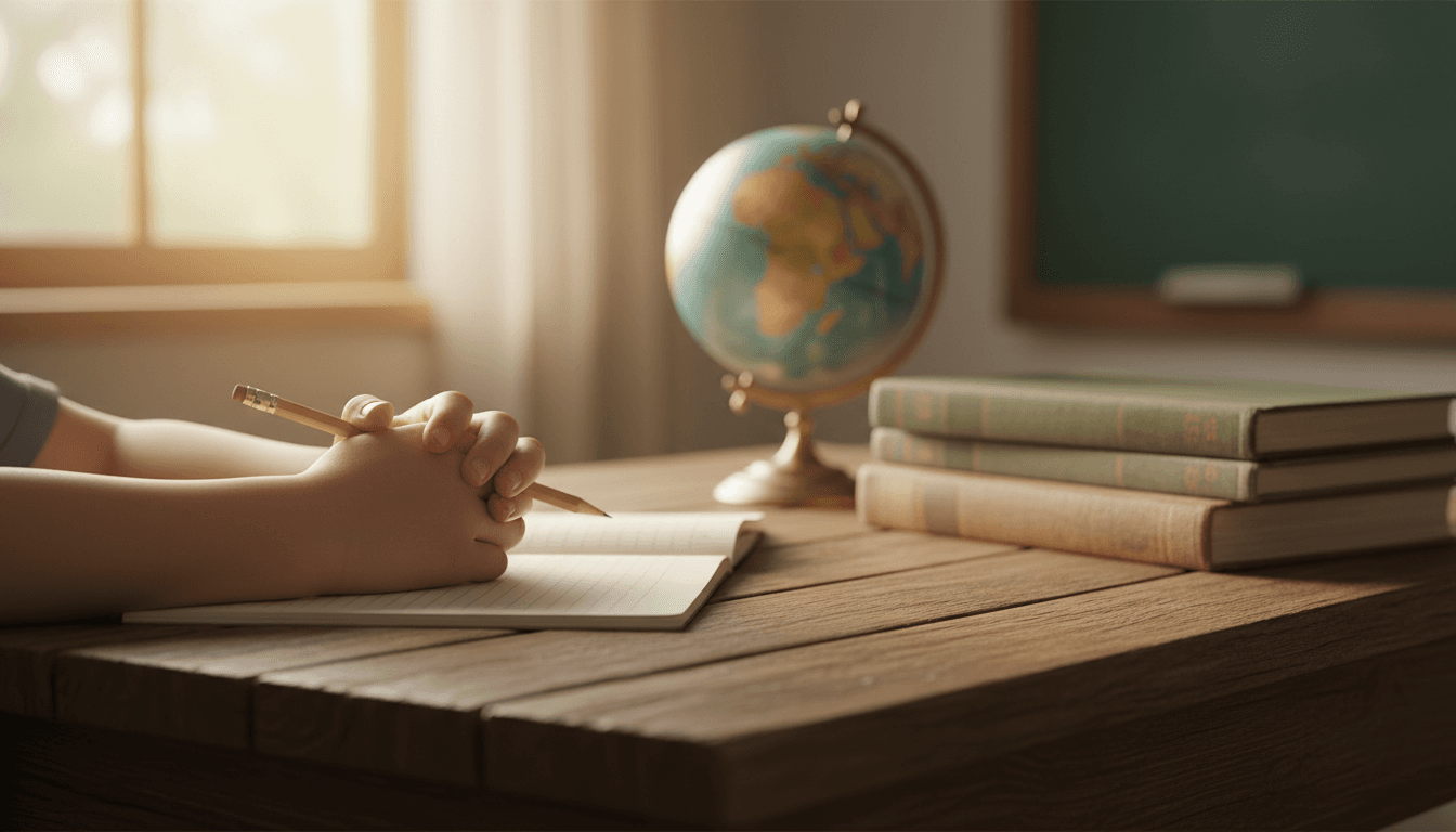 Child's hands on a wooden desk with a pencil and notebook in a sunlit classroom