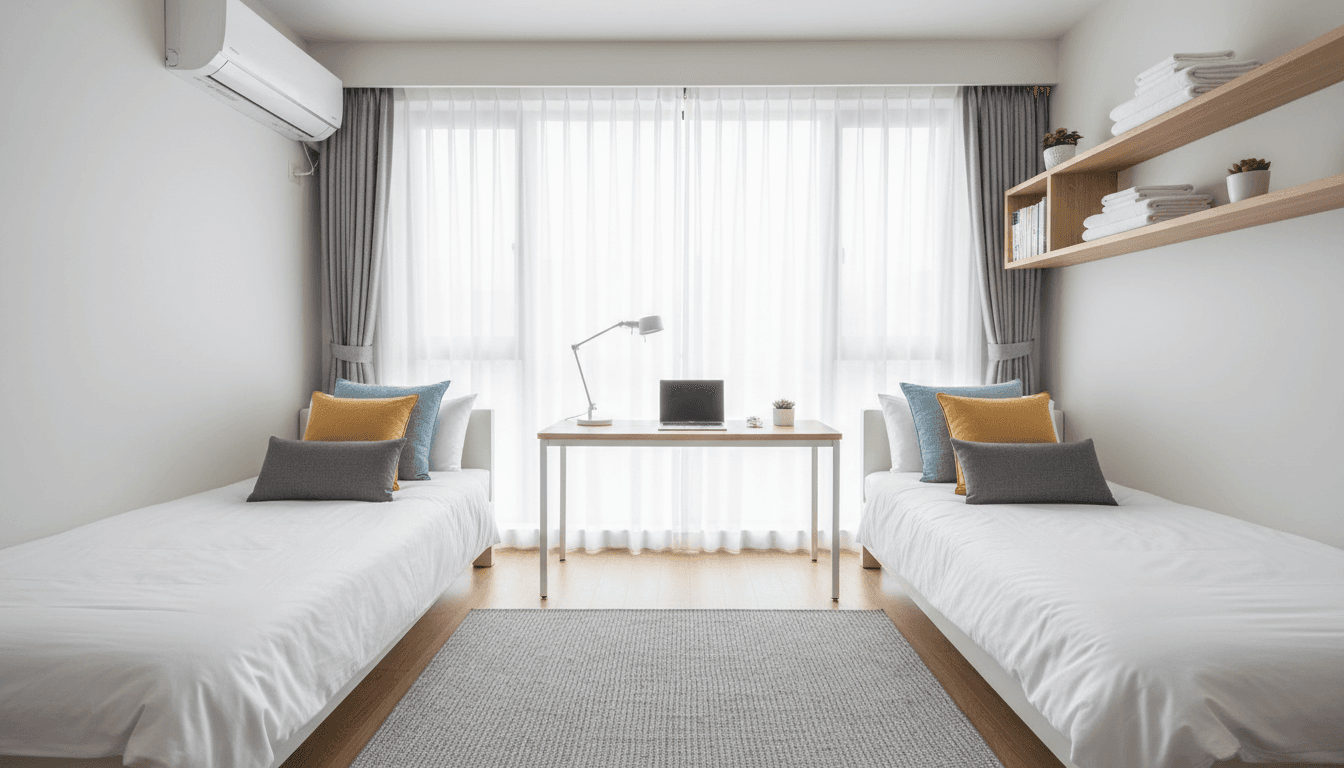 Simple dormitory room with rows of beds