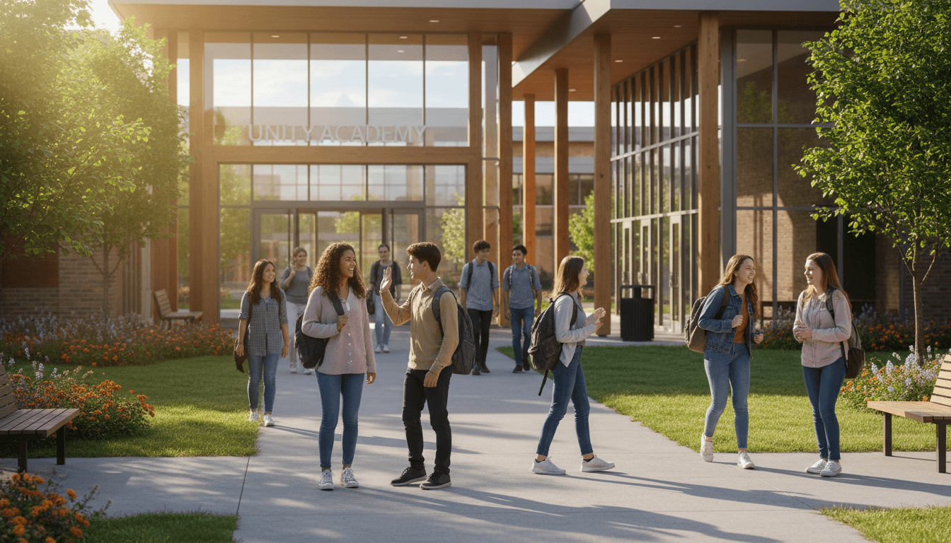 School entrance in Kitale with students walking toward the building on a sunny morning