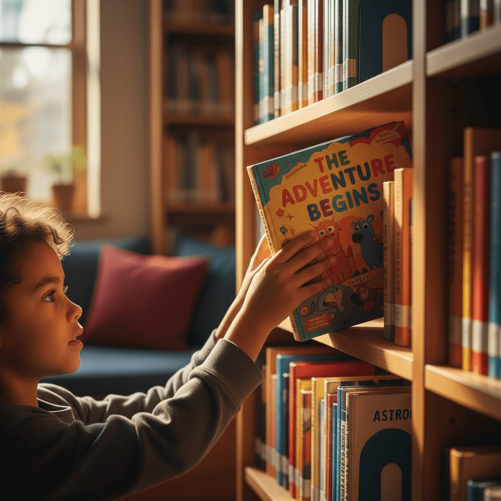 Small school library with bookshelves and reading table